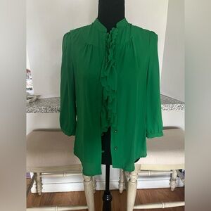 Anthropologie HD in Paris Vibrant Green Ruffle Blouse